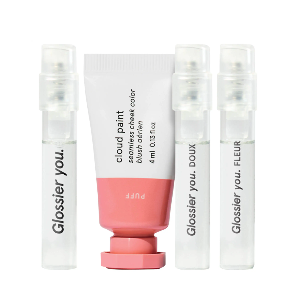 Glossier Celebrate You Set,his reward includes,  Glossier You Fragrance  ,Glossier You Doux Fragrance  , Glossier You Fleur Fragrance ,Glossier Cloud Paint Blush in Puff